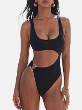 Cutout One-Piece Swimwear with Side Ring - Black